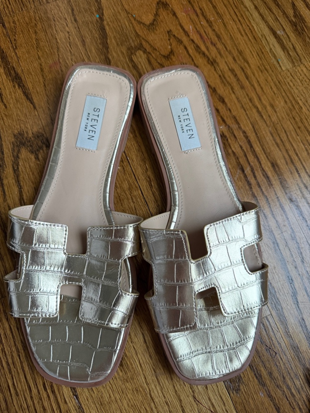 Steven By Steve Madden Metallic Gold Croc-Embossed Slide Sandals